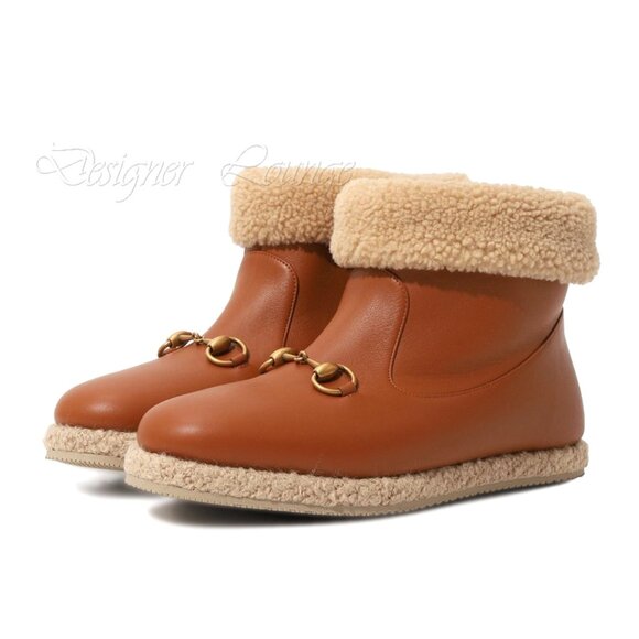 NEW GUCCI Horsebit Cognac Leather Shearling Ankle Booties EU 38 / US 8 - Picture 6 of 15